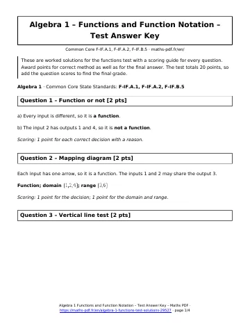 Algebra 1 functions test answers (Algebra 1) – first page of the printable PDF