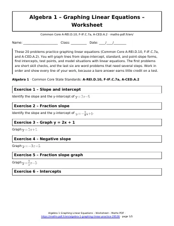 Graphing linear worksheet (Algebra 1) – first page of the printable PDF
