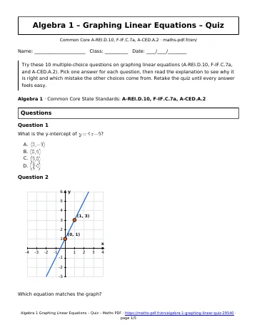 Graphing linear quiz (Algebra 1) – first page of the printable PDF