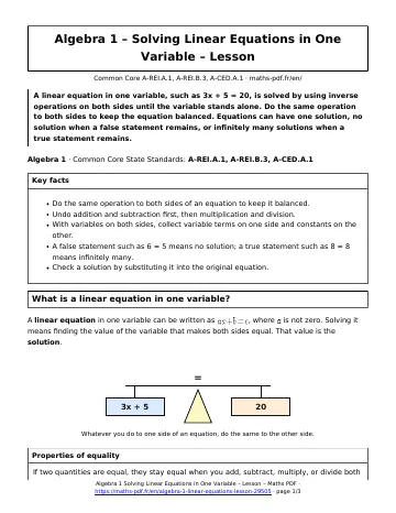 Algebra 1 linear equations lesson (Algebra 1) – first page of the printable PDF