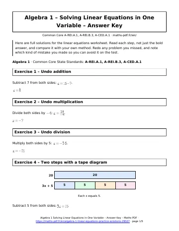 Algebra 1 linear equations answers (Algebra 1) – first page of the printable PDF