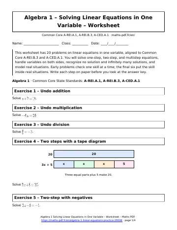 Algebra 1 linear equations worksheet (Algebra 1) – first page of the printable PDF