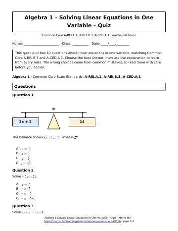 Algebra 1 linear equations quiz (Algebra 1) – first page of the printable PDF