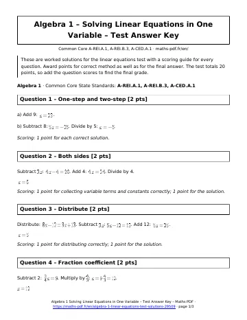 Algebra 1 linear equations test answers (Algebra 1) – first page of the printable PDF