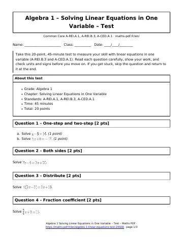 Algebra 1 linear equations test (Algebra 1) – first page of the printable PDF