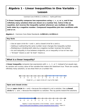 Linear inequalities lesson (Algebra 1) – first page of the printable PDF