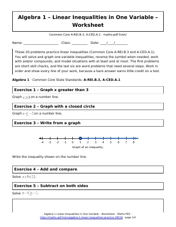 Linear inequalities worksheet (Algebra 1) – first page of the printable PDF