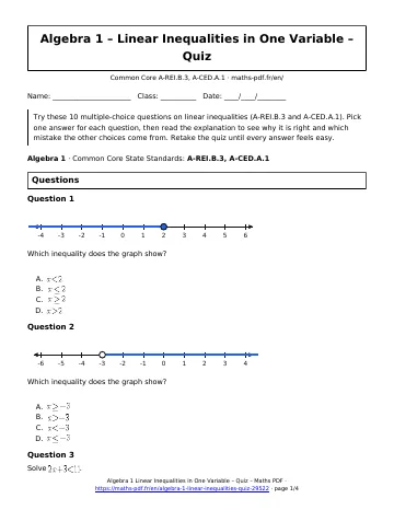 Linear inequalities quiz (Algebra 1) – first page of the printable PDF