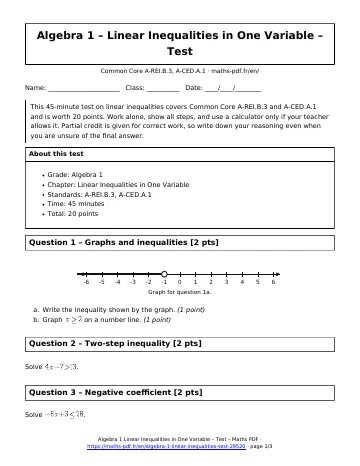 Linear inequalities test (Algebra 1) – first page of the printable PDF