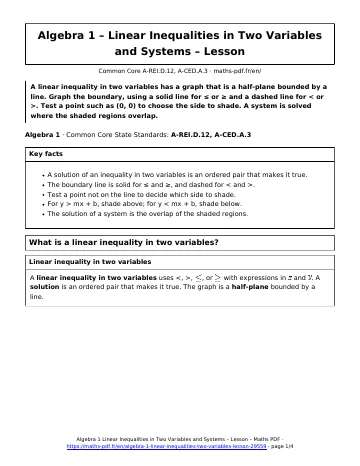 Linear inequalities two variables lesson (Algebra 1) – first page of the printable PDF