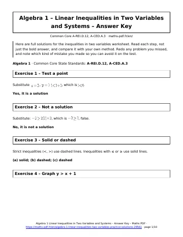 Linear inequalities two variables answers (Algebra 1) – first page of the printable PDF