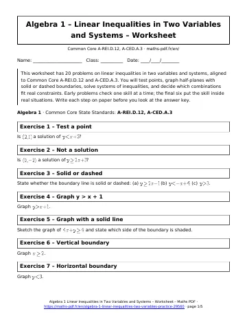 Linear inequalities two variables worksheet (Algebra 1) – first page of the printable PDF