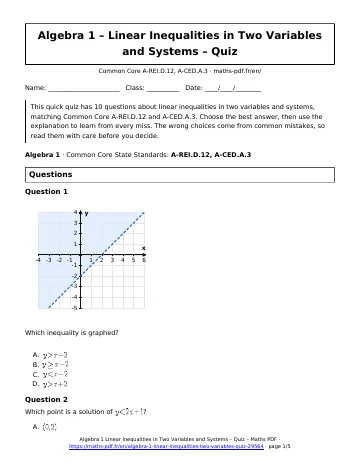 Linear inequalities two variables quiz (Algebra 1) – first page of the printable PDF