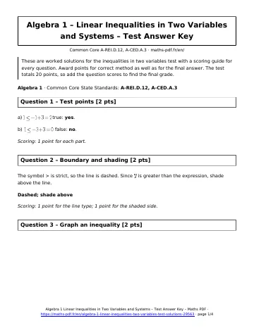 Linear inequalities two variables test answers (Algebra 1) – first page of the printable PDF
