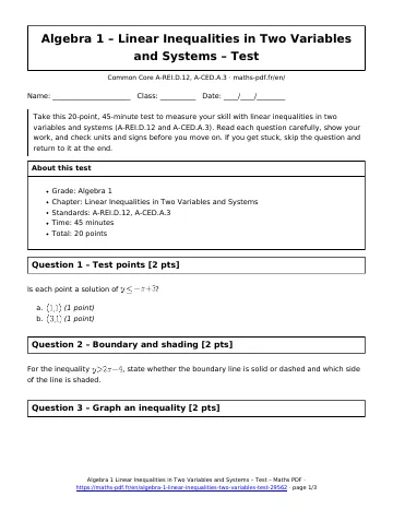 Linear inequalities two variables test (Algebra 1) – first page of the printable PDF