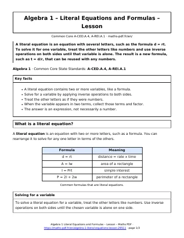 Literal equations lesson (Algebra 1) – first page of the printable PDF