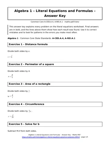 Literal equations answers (Algebra 1) – first page of the printable PDF