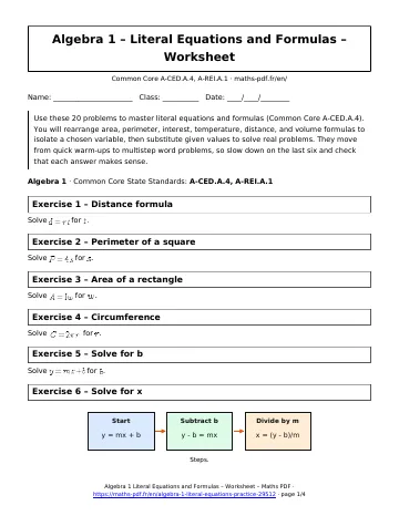 Literal equations worksheet (Algebra 1) – first page of the printable PDF