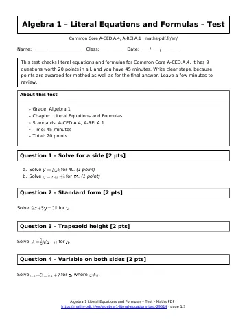 Literal equations test (Algebra 1) – first page of the printable PDF