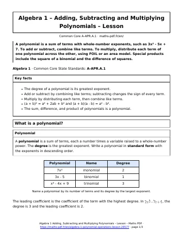 Algebra 1 polynomial operations lesson (Algebra 1) – first page of the printable PDF