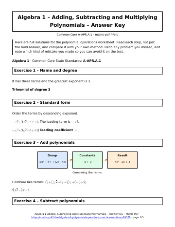 Algebra 1 polynomial operations answers (Algebra 1) – first page of the printable PDF