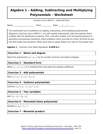 Algebra 1 polynomial operations worksheet (Algebra 1) – first page of the printable PDF