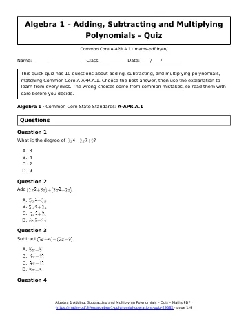 Algebra 1 polynomial operations quiz (Algebra 1) – first page of the printable PDF