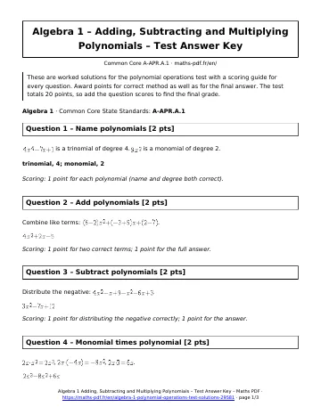 Algebra 1 polynomial operations test answers (Algebra 1) – first page of the printable PDF