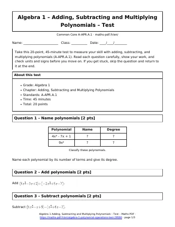 Algebra 1 polynomial operations test (Algebra 1) – first page of the printable PDF