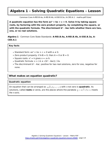Algebra 1 quadratic equations lesson (Algebra 1) – first page of the printable PDF