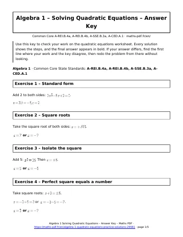 Algebra 1 quadratic equations answers (Algebra 1) – first page of the printable PDF