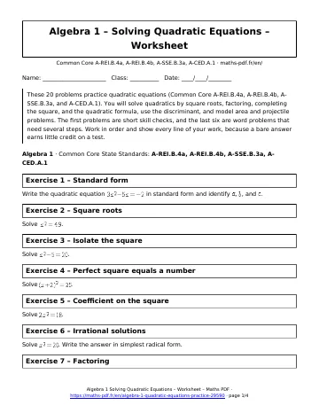 Algebra 1 quadratic equations worksheet (Algebra 1) – first page of the printable PDF