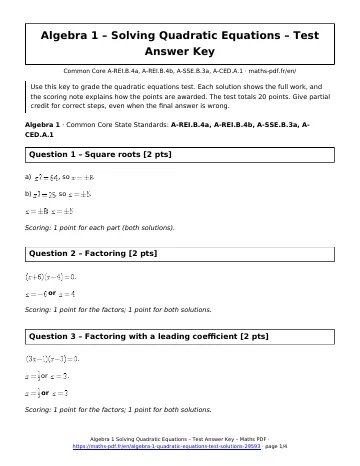 Algebra 1 quadratic equations test answers (Algebra 1) – first page of the printable PDF