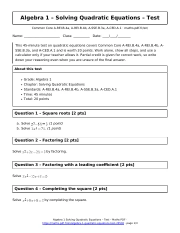 Algebra 1 quadratic equations test (Algebra 1) – first page of the printable PDF