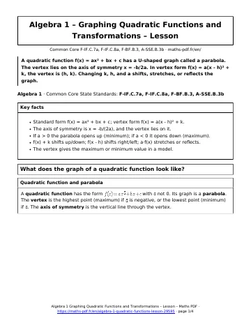 Quadratic functions lesson (Algebra 1) – first page of the printable PDF