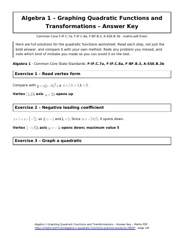 Quadratic functions answers (Algebra 1) – first page of the printable PDF