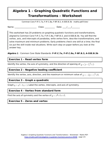Quadratic functions worksheet (Algebra 1) – first page of the printable PDF