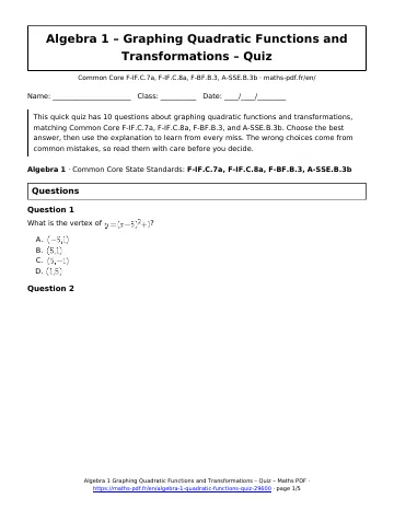 Quadratic functions quiz (Algebra 1) – first page of the printable PDF