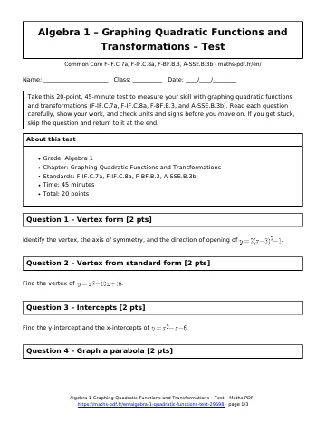 Quadratic functions test (Algebra 1) – first page of the printable PDF