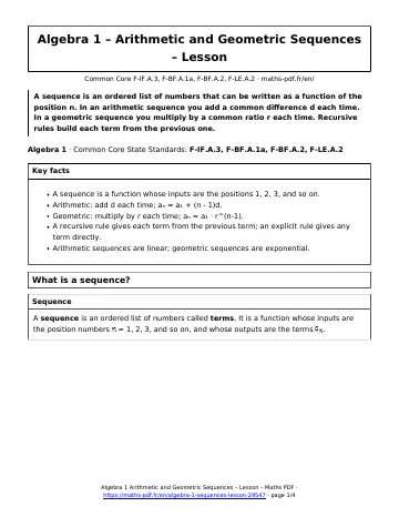 Sequences lesson (Algebra 1) – first page of the printable PDF