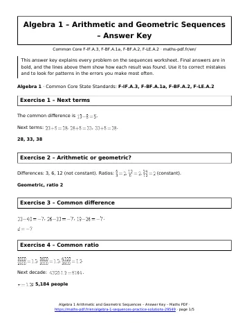 Sequences practice solutions (Algebra 1) – first page of the printable PDF