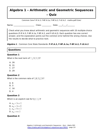 Sequences quiz (Algebra 1) – first page of the printable PDF