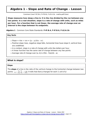 Slope rate of change lesson (Algebra 1) – first page of the printable PDF