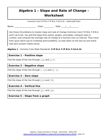 Slope rate of change worksheet (Algebra 1) – first page of the printable PDF