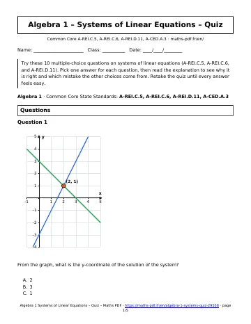 Systems quiz (Algebra 1) – first page of the printable PDF