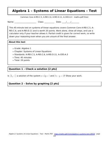 Systems test (Algebra 1) – first page of the printable PDF