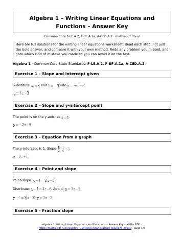 Writing linear answers (Algebra 1) – first page of the printable PDF