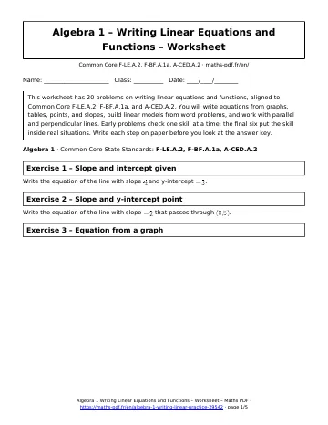 Writing linear worksheet (Algebra 1) – first page of the printable PDF