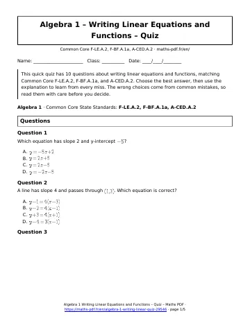 Writing linear quiz (Algebra 1) – first page of the printable PDF