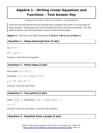 Writing linear test answers (Algebra 1) – first page of the printable PDF